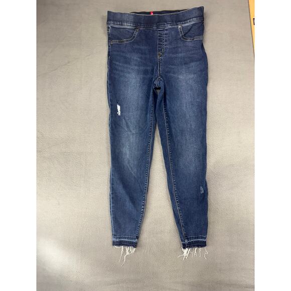 Spanx Legging Jeans Large Denim Raw Hem Distressed High Rise Medium Wash Stretch - Picture 1 of 7